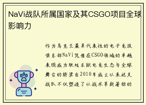 NaVi战队所属国家及其CSGO项目全球影响力