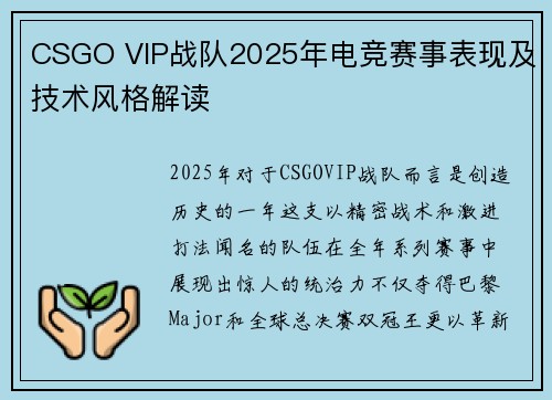 CSGO VIP战队2025年电竞赛事表现及技术风格解读